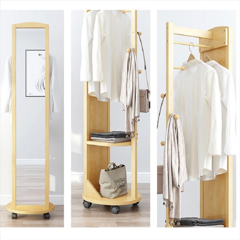 Natural Wood Multi-function Coat Tree with Dressing Mirror